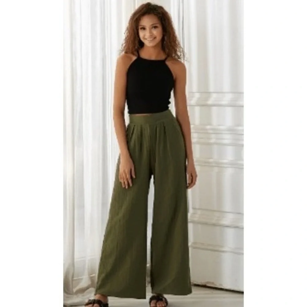 NOFLICK NWT Olive 100% Cotton‎ Wide Leg Smocked Waist Relaxed Flowy Pants M